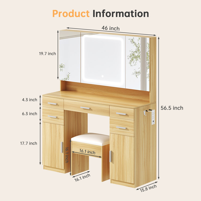 Ato Vanity Desk with Mirror and Lights, Vanity Tables with 7 Drawers, Makeup Vanity with Tri-Folding 3 Colors Lighting Mirror and Cushioned Stool, Big Vanities Perfect for Bedroom, White