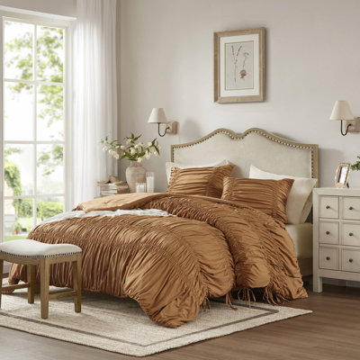 Ensemble d'édredon pour lit simple de taille française avec 1 taie décorative standard - conception de nœud papillon froncé romantique, microfibre délavée, certifié Oeko-Tex, literie toutes saisons moelleuse pour la chambre à coucher