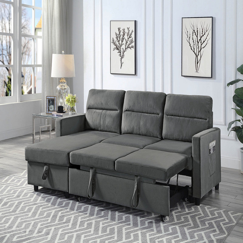 Canapé-lit modulaire réversible en velours gris foncé de 81,5 po avec méridienne et rangement, Gris foncé