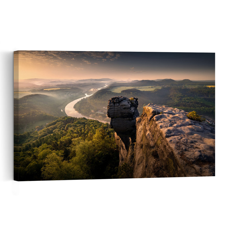 Elbe River Valley Sunrise Serene Abstract Contemporary Forest Landscape Wall Art Print 1 Piece Wrapped Canvas Wall Art