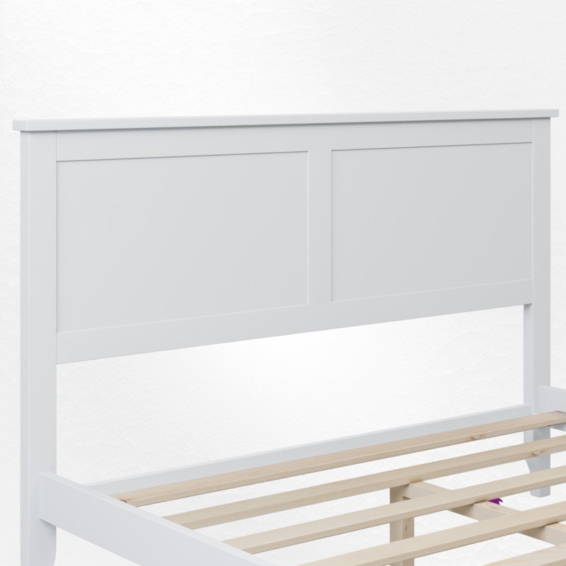White Solid Pine Wood Bed Frame with Headboard, Simple Low Profile Platform Bed with Under Storage, No Box Spring Needed & Sturdy Wooden Slats,  Full Size