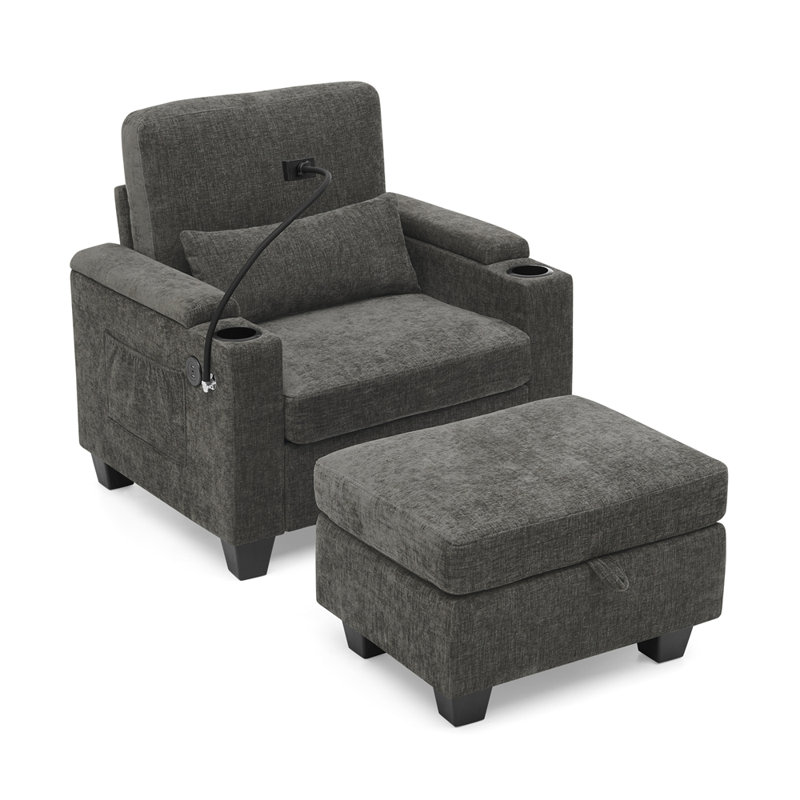 Single sofa recliner with manually adjustable backrest, USB charging port on the armrest side, phone stand included, hidden armrest storage, and a matching storage ottoman