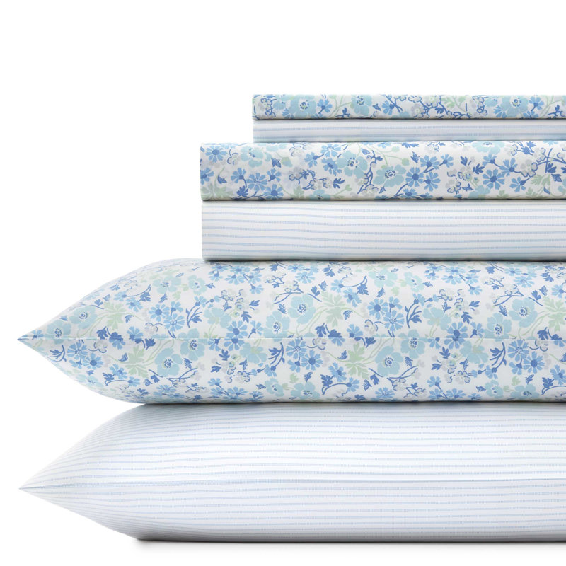 Ensemble de draps en percale 100% coton 200 fils Laura Ashley Marissa, Très grand, Rayures fines bleues Jaynie