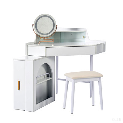 Corner Makeup Vanity Desk with Mirror & Led Lights, Modern Vanity Set with Mirror And Stool, Dressing Table with Large Storage for Small Place, Bright