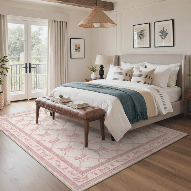 Coquette Pink Bow Trellis Machine Washable Non-slip kids Area Rug, Rectangle 5' x 7'