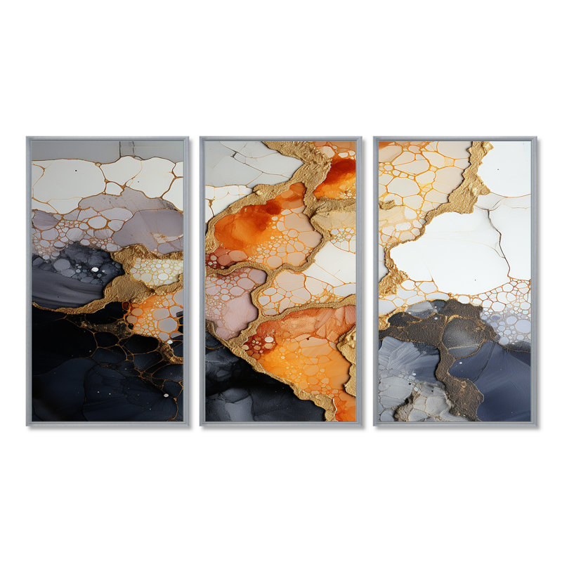 «Slab Structures» - ensemble d'art mural en marbre orange, blanc et noir, Encadrement argenté, H 40 po x l 60 po x P 1 po