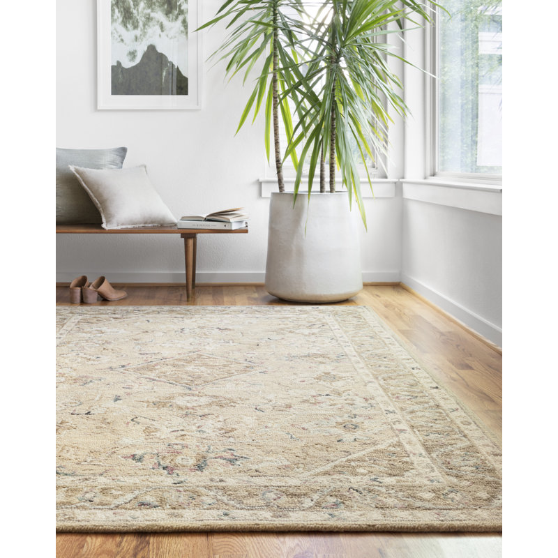 Tapis oriental en laine crocheté à la main beige , Rectangle 7 pi 9 po x 9 pi 9 po