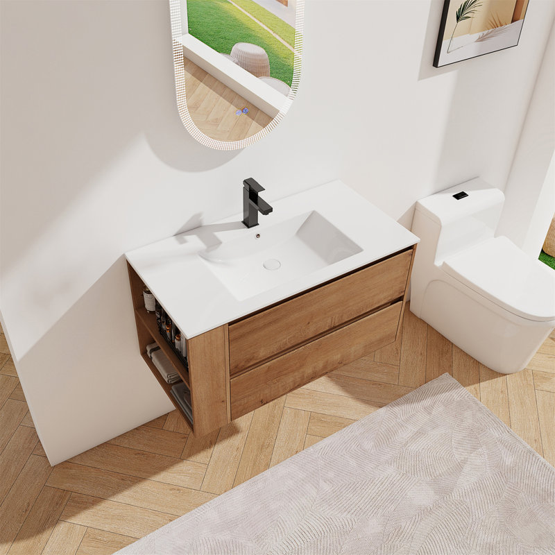 Meuble-lavabo mural 36 po avec lavabo en céramique, Naturel
