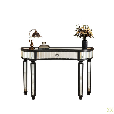 Console à miroir demi-lune 47 po avec tiroir en verre cannelé et poignée en cristal - Bureau de meuble-lavabo d'entrée pour chambre à coucher / vestiaire