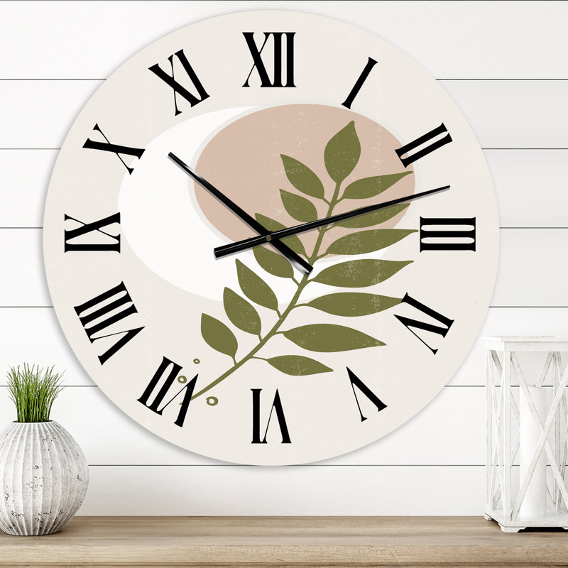 Lune géométrique abstraite avec feuille IV - horloge murale moderne, Moyenne