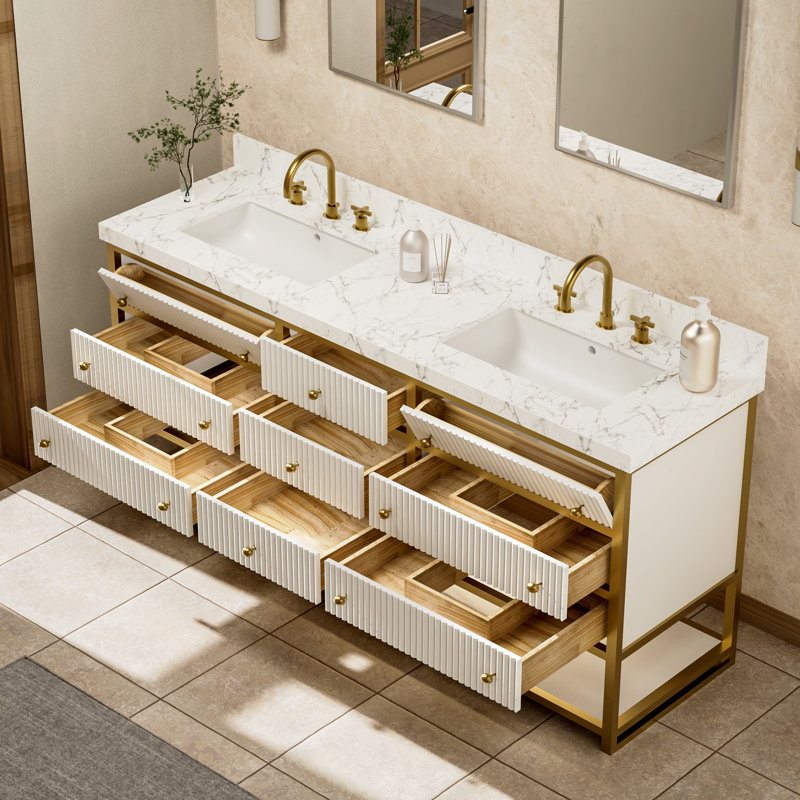 72 po X P 22 po P 35,4 po Meuble-lavabo simple H en blanc avec plateau en marbre blanc, Blanc, 72"