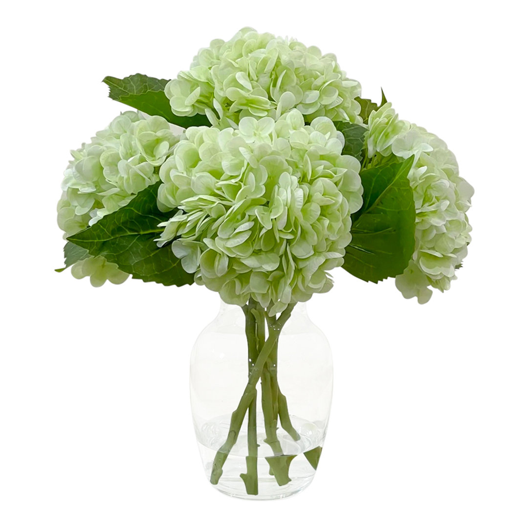 Hydrangea Arrangement in Vase Primrue Flowers/Leaves