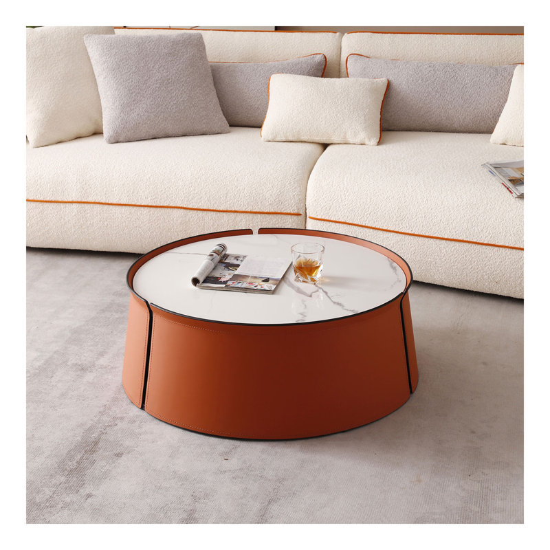 (NON disponible sur Wayfair) Table basse 31,5 pouces, plateau en marbre + corps en cuir selle orange + structure en fer