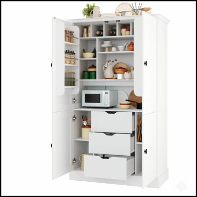 Armoire de cuisine autoportante avec 4 portes, 3 tiroirs, 6 tablettes et 6 supports à vin pour un rangement et une organisation efficaces