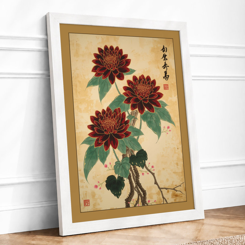 Three Dark Dahlias Japandi - Framed Print, A3 - 42.0 x 29.7 cm, White