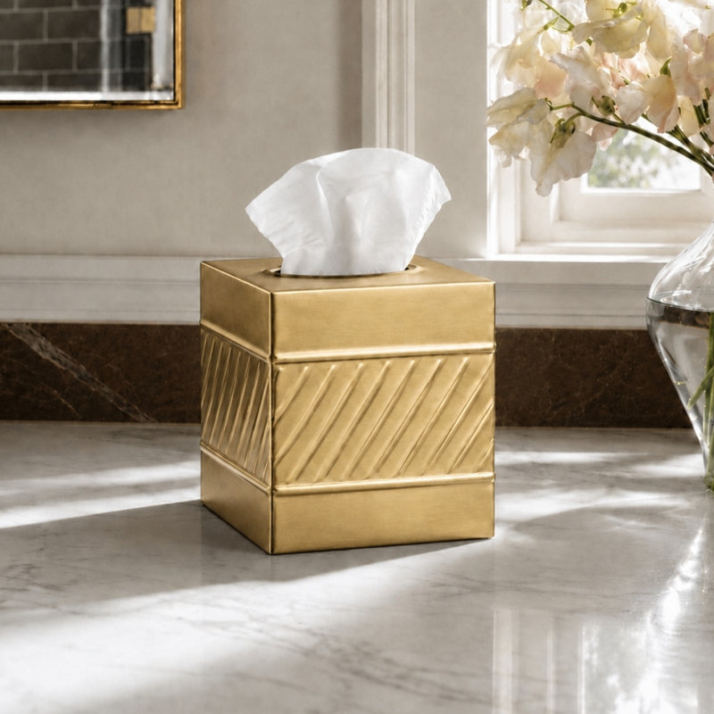 Wave Embossed Metal Tissue Box Cover, Brushed Gold