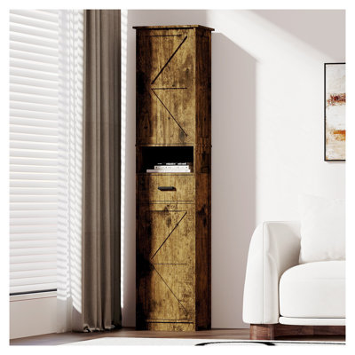 Vintage Tall Bathroom Storage Cabinet with Barn Doors, Narrow Floor Organizer with Drawer & Adjustable Shelves for Small Spaces