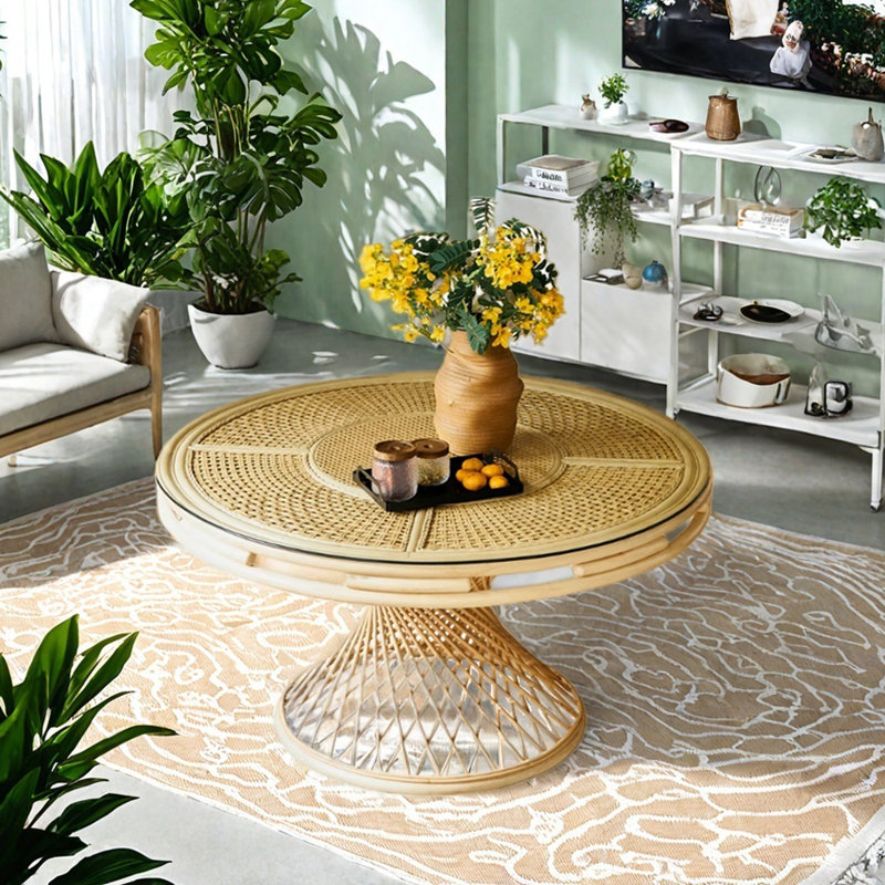 Creative Country-style Durable Rattan Round Table, 29.52"H x 59.05"L x 59.05"W