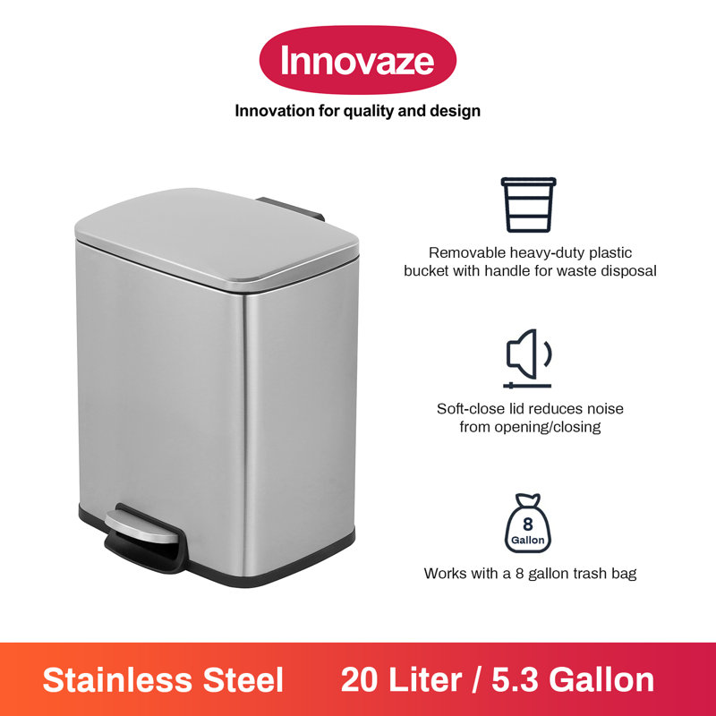 Poubelle à pédale rectangulaire en acier inoxydable de 5,3 gallons Innovaze, Argent argent