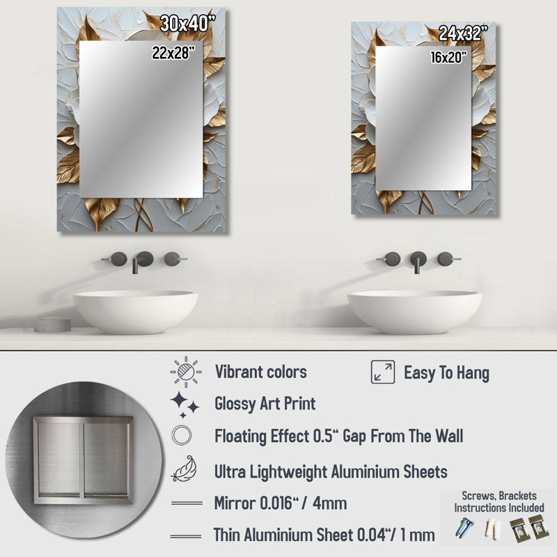 Peony Blooming In Gold And White V - Peony Decorative Mirror, Gold Wall Mirror, Printed Metal Art, 32" x 24"