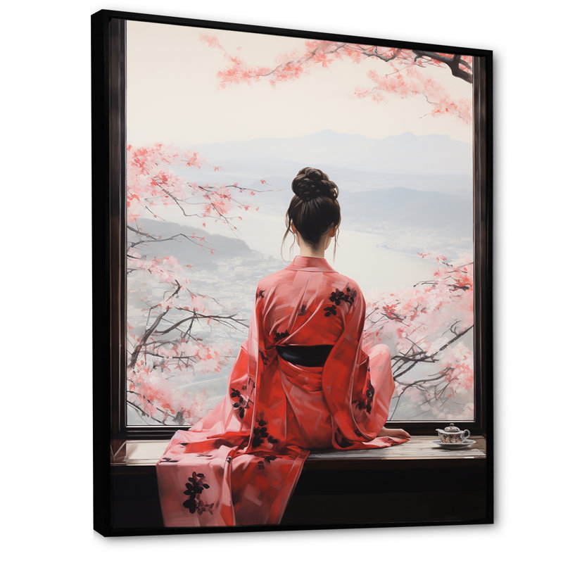 Arbre rose, femme japonaise vue de fenêtre II - Japon, art mural, Cadre flottant noir, H 20 po x l 12 po x P 1 po