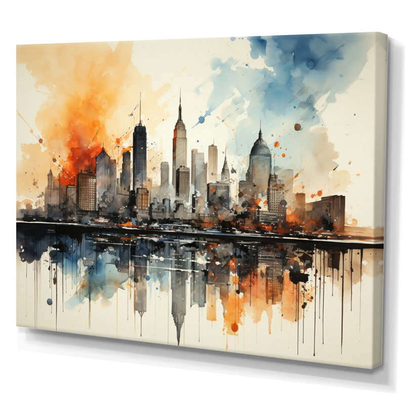 Aquarelle colorée de paysage urbain coloré de New York II - New York, H 16 po x l 32 po x P 1 po, Toile tendue