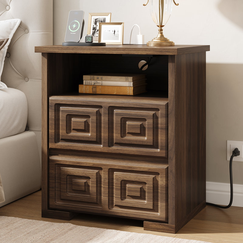 Modern Nightstand With Charging Station, 2 Drawer Bedside Table With USB & AC Outlets, Walnut Wood End Table With Open Shelf, Handleless Bedroom Night Stand