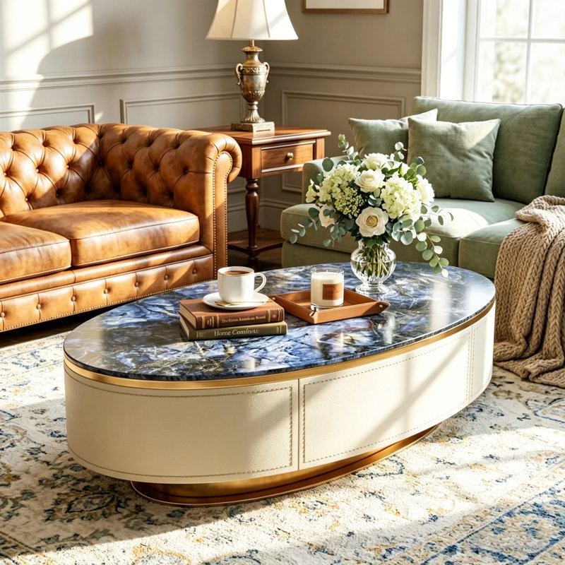 Pre-Assembled Modern Oval Coffee Table, 51.18" Sapphire Top with Cream Faux Leather Cabinet & Gold Base, Hidden Drawer Storage Luxury Coffee Table for Living Room