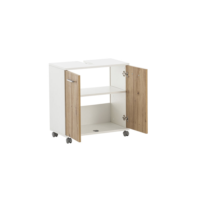 Hafley Bathroom Storage Cabinet, Matte White/Artisan Oak Decor/Silver