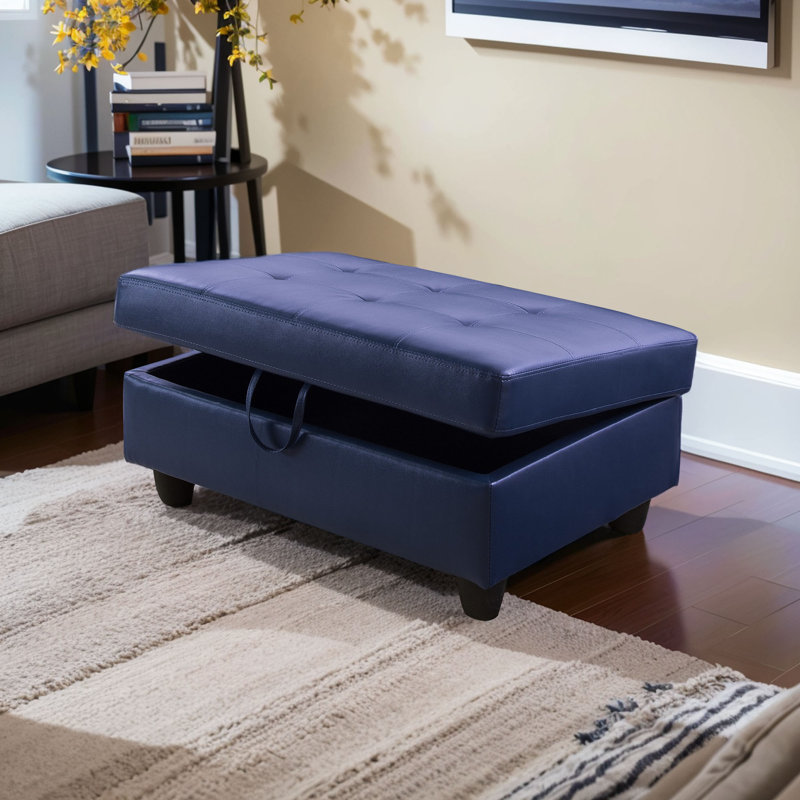 Faux Leather Ottoman, Blue Faux Leather