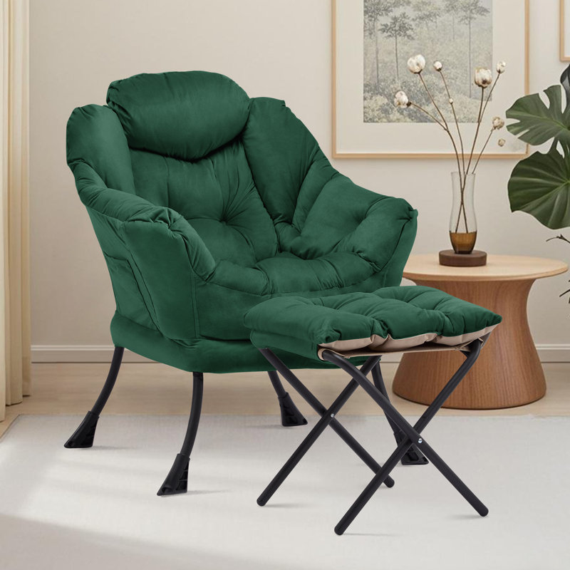 Upholstered Armchair with Footstool, Green