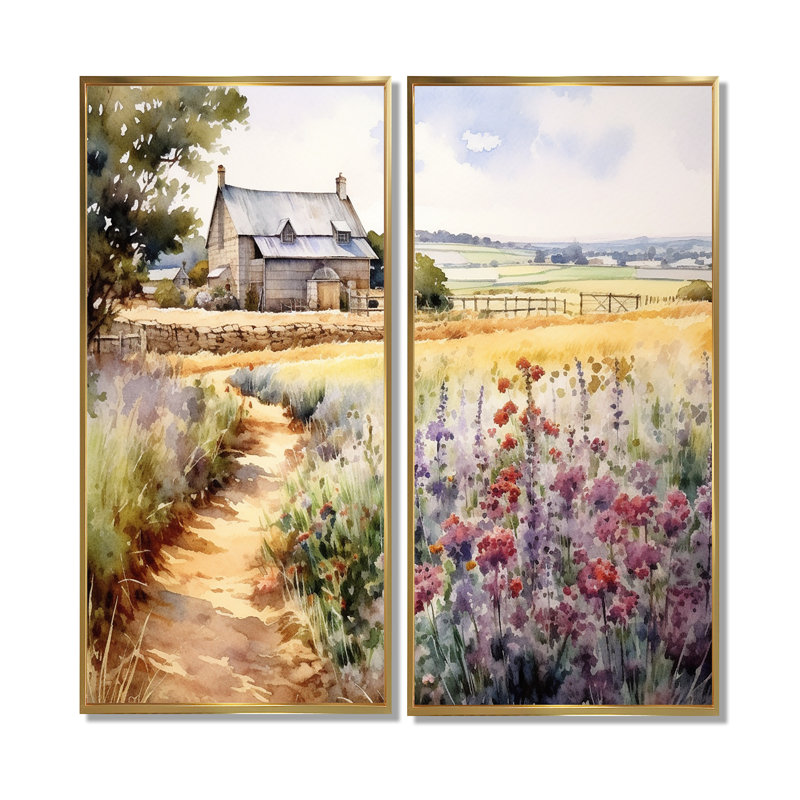 Herbes jardin à la ferme I - Art mural campagne florale 2 panneaux, 32" H x 32" W, Impression encadrée flottante, Gold