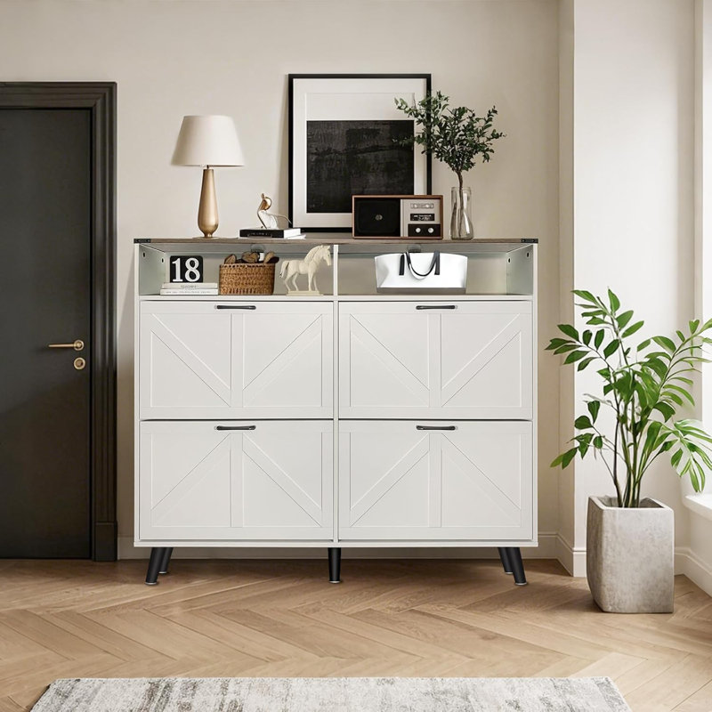 Shoe Storage Cabinet, Farmhouse Shoe Organizer With 4 Flip Drawers And Open Storage, Freestanding Narrow Shoe Rack Cabinet For Entryway, Hallway, Living Room, White