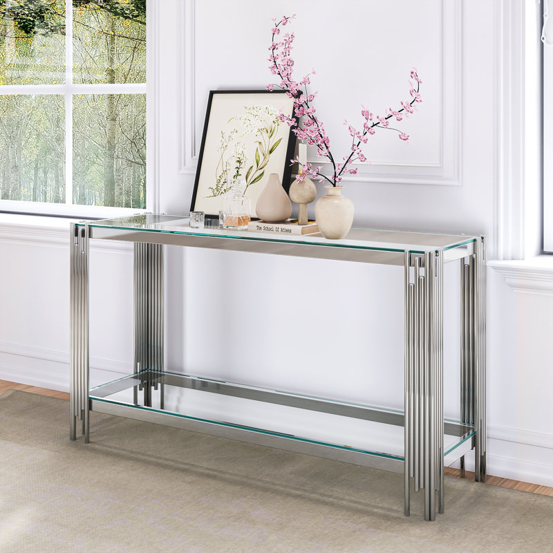 Clodoveo 47.24'' Glass Top Console Table, Silver, Clear