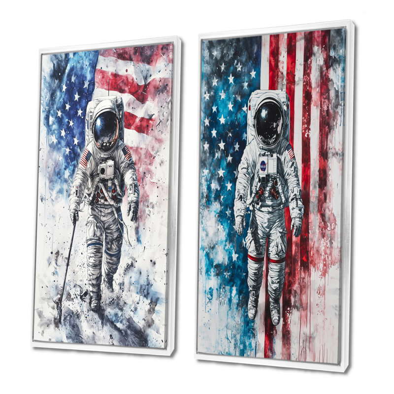 Premier astronault dans l'espace avec le drapeau américain I - Paysages, art mural 2 panneaux, Cadre flottant blanc