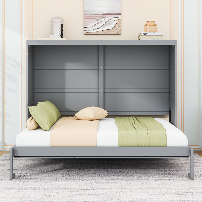 Budhan Wooden Murphy Bed Wall Bed, Gray, Queen