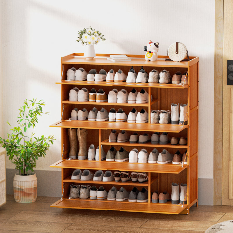 7-Tiers Bamboo Shoe Rack with Door, 36 Pairs Organizer Storage Shoes Shelf Cabinet for Hallway