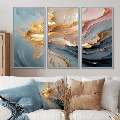 «Fluid Magnificence Pink Gold II», ensemble d'art mural abstrait à encre liquide