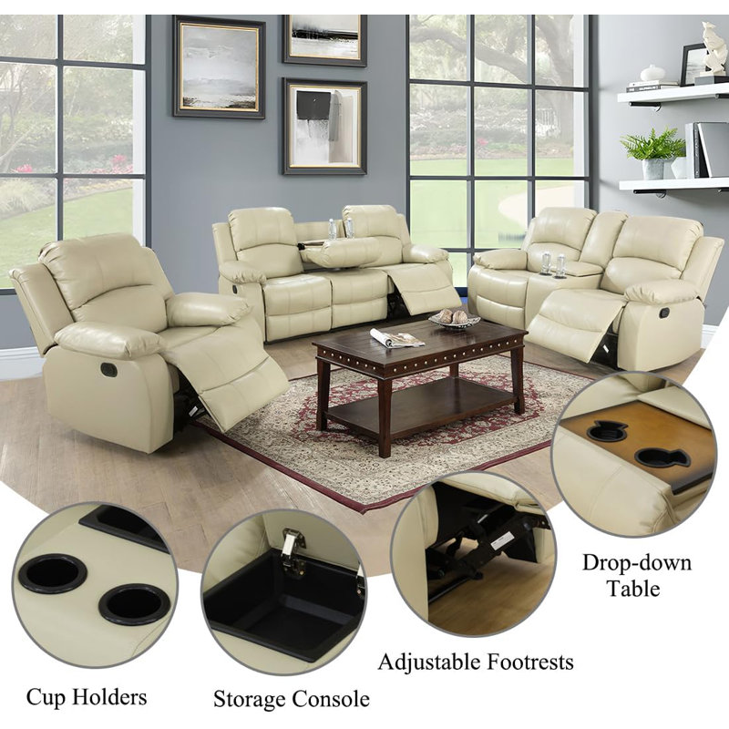 Beige Faux Leather 3-Piece Reclining Sofa Set with Cup Holders