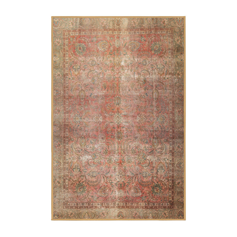 Gris laine floral/Tapis décoratif rouge, Rectangle 5 pi x 7 pi