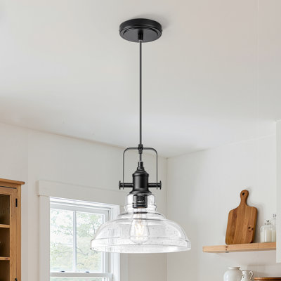Seeded Glass Pendant Light, Matte Black Adjustable Farmhouse Kitchen Island Ceiling Light