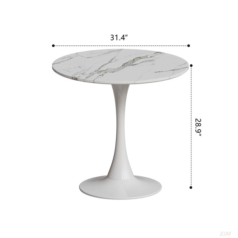 31.4 "Round Dining Table, Medieval White Marble Patterned Dining Table, 2-3 Person Metal Base Dining Table, Easy To Assemble Casual Coffee Table, Office Desk