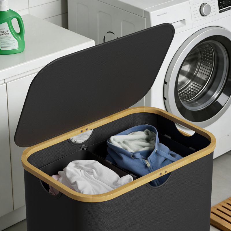 2-Section Laundry Hamper with Lid & Removable Bags, 160L Collapsible Clothes Basket with Bamboo Handles, for Bedroom, Bathroom, Dorm & Laundry Room
