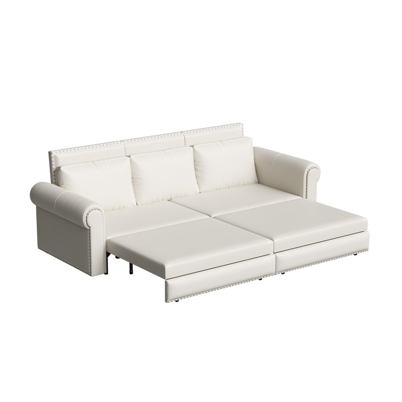 Canapé-lit chigogne Chesterfield de 238 cm (93,7 po), similicuir, garniture cloutée, Beige Faux Leather