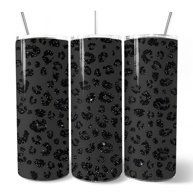 Gobelet personnalisé à imprimé léopard noir avec couvercle 20 oz et paille en acier inoxydable