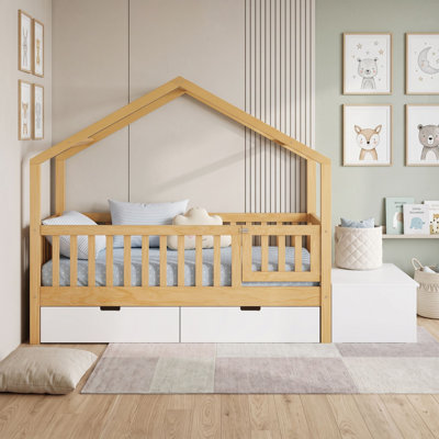 Wood Toddler House Bed with Storage Drawers, Lift-Top Chest and Guardrails