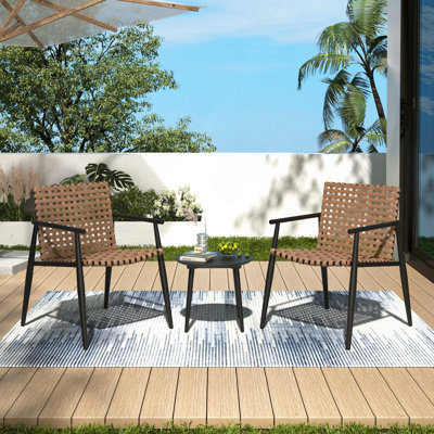 Outdoor/Patio Chat Set: 2 PE Rattan Chairs + Steel & Tempered Glass Side Table