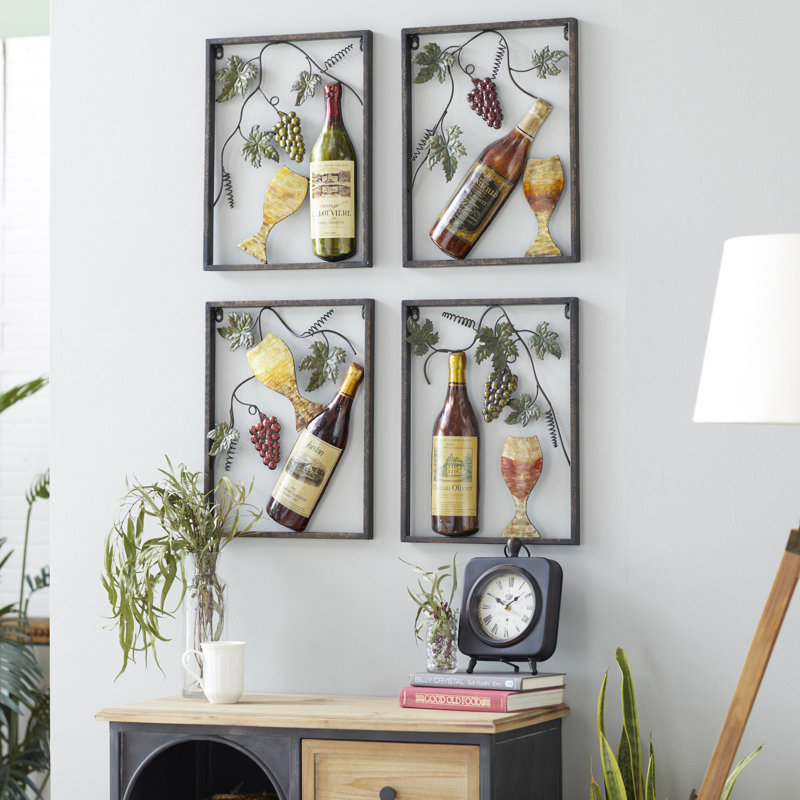 Metal Wine Multi Colored Wall Decor with Grapes Detailing Set