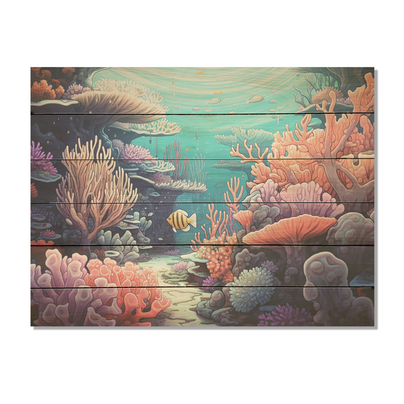 Kawaii clownfish corail Lansdscape - corail côtier sous l'eau, art mural sur bois de pin naturel, H 30 po x l 40 po