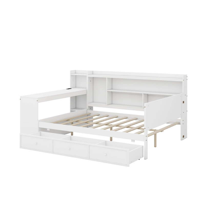 Wooden Daybed With 3 Drawers, USB Ports And Desk, Full/Double, White